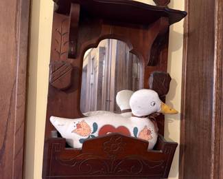 Vintage Folk Art Hand-Carved Wooden Shelf with Mirror and Stuffed Duck Figurine