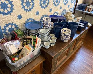 Blue and White Star Quilt with Blue Willow Patterned Tableware and Playing Cards