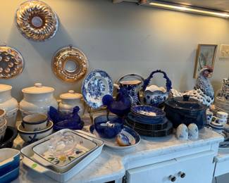Assorted Blue and White Pottery and Copper Molds, including Staffordshire and Delft-inspired pieces