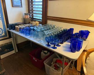 Assorted Cobalt Blue Glassware Collection, likely Depression Era