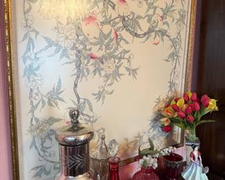 Framed Chinoiserie Wallpaper Panel with Peaches and Flowers