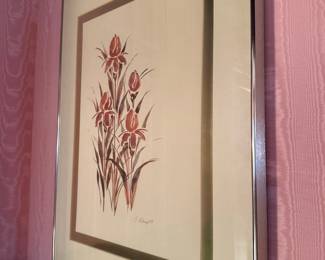 Framed Watercolor of Irises by S. Winget, 1981