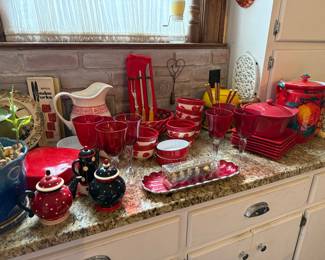 Red and White Polka Dot Kitchenware Collection with Fruit Motifs