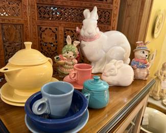 Vintage Ceramic Easter Bunny Figurines and Tableware Collection, possibly Lefton and Enesco