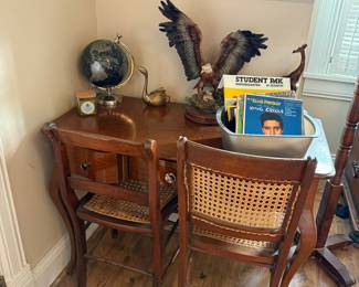 Vintage Duncan Phyfe Style Mahogany Writing Desk with Cane Seat Chairs and Elvis Presley Record