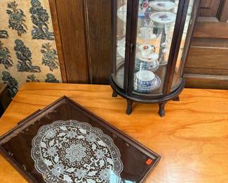 Victorian Oak Curio Cabinet with Curved Glass and Serving Tray with Lace Doily