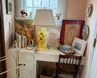 Vintage Yellow and White Ceramic Faux Bamboo Lamp with Desk and Assorted Decorative Items
