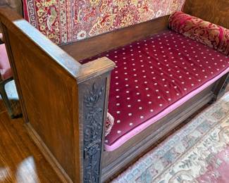 Antique Carved Oak Hall Bench with Persian-style Upholstery