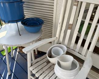 Blue Enamelware Pot and Nesting Bowls with White Ceramic Planters