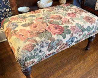 Floral Tapestry Upholstered Footstool with Turned Wooden Legs