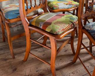 This lot features a stunning set of six (6) antique dining chairs, each with unique architectural upholstery in excellent condition. Each chair measures, 32.5” H x 18” W x 16” D.