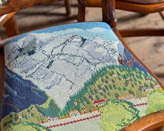 This lot features a stunning set of six (6) antique dining chairs, each with unique architectural upholstery in excellent condition. Each chair measures, 32.5” H x 18” W x 16” D.