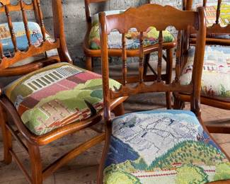 This lot features a stunning set of six (6) antique dining chairs, each with unique architectural upholstery in excellent condition. Each chair measures, 32.5” H x 18” W x 16” D.