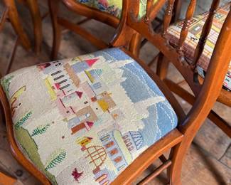 This lot features a stunning set of six (6) antique dining chairs, each with unique architectural upholstery in excellent condition. Each chair measures, 32.5” H x 18” W x 16” D.