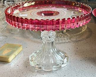 US Glass Manhattan Ruby Stain Pedestal Cake Stand
