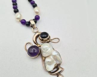 Artisan Necklace - Amethyst, Onyx & Genuine Pearl