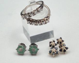 Sapphire & Emerald Earrings, Sparkly Clear 5-Stone Rings 925