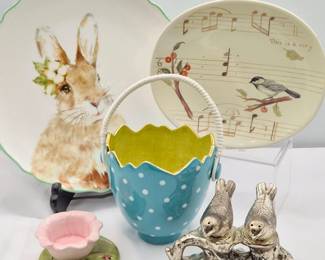 Springtime Decor - Bunny & Birds Plates, Metal S/P Shakers