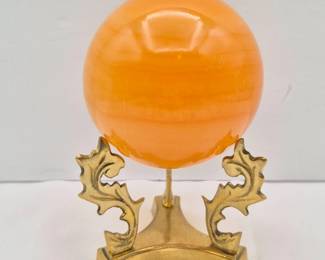 4-Inch Orange Quartz Orb on Brass Scroll Leaf Display Stand