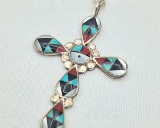 Zuni Stone Inlay Cross Necklace - Hallmarked CJ ($200+)