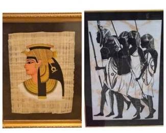 Cleopatra Papyrus & Tribal Warrior Fabric Textile Art, Framed