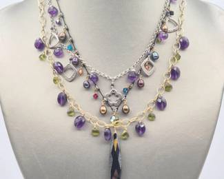 Elegant Faceted Stone & Pearl Dangle Necklaces – 925 & GF Trio