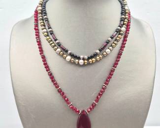 Garnet, Pearl & Crystal Necklace Trio, 925 Accents & Clasps