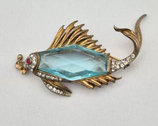 Rare 1940s Crown Trifari Sterling “Jelly Belly” Fish Brooch (Read)