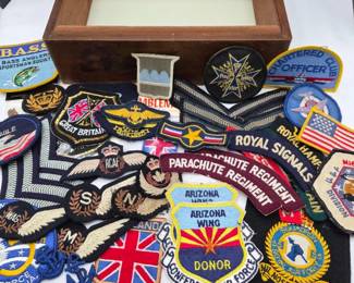 Wood Box Filled with Various Patches & Stickers