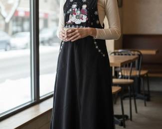 Christopher & Banks Black Velvet Winter Embroidered Dress (Size 8)