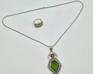 Intense Green Glass Pendant, Faceted Green & Opal-like Stone Ring 925