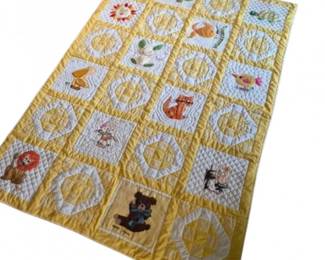 Handmade Yellow Quilt with Embroidered Figures (56x82-Inch)