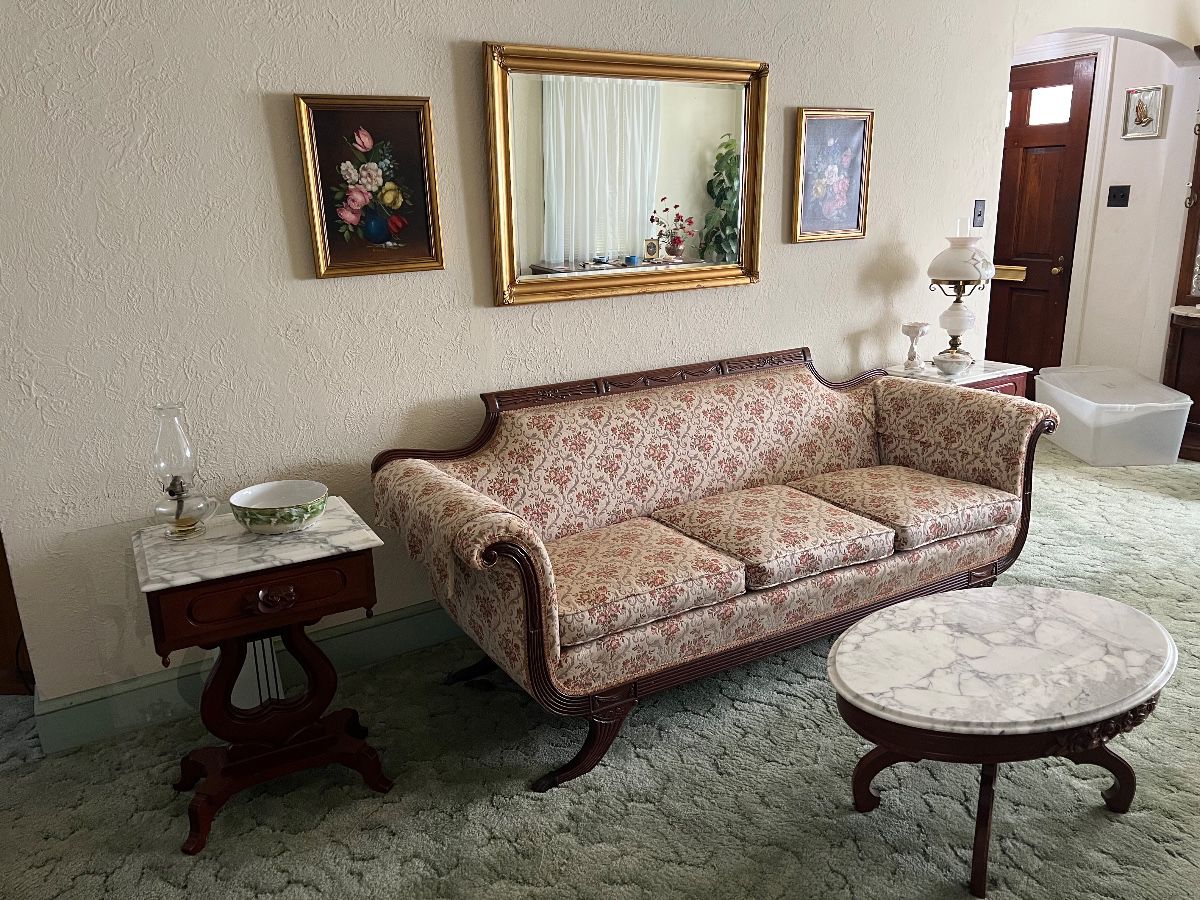 vintage sofa, tables, mirror, art