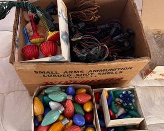 vintage Christmas lights, light bulbs, ornaments