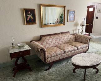 vintage sofa, tables, mirror, art