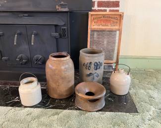 vintage stoneware jugs, spittoon, washboard