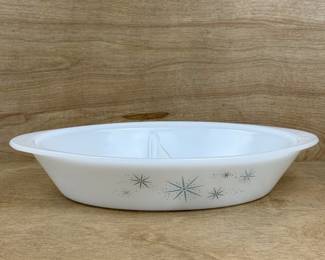 Glassbake J-2352 Atomic Starburst Milk Glass Divided Dish