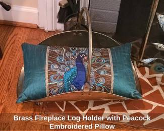 Brass Fireplace Log Holder with Peacock Embroidered Pillow