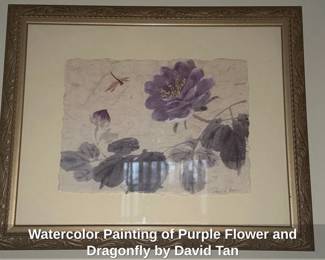 Watercolor Painting of Purple Flower and Dragonfly by David Tan