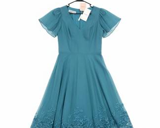 JJs House Teal Lace Trimmed Chiffon Dress