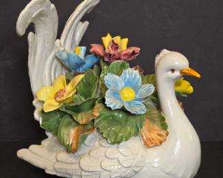 Capodimonte Style Ceramic Swan Planter with Flowers