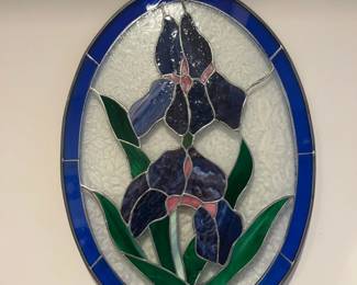 Oval Stained Glass Iris Suncatcher with Cobalt Blue Border