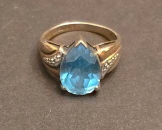 10K Gold PearCut Blue Topaz Ring with Diamond Accents
