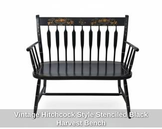 Vintage Hitchcock Style Stenciled Black Harvest Bench
