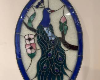 Oval Stained Glass Peacock Panel