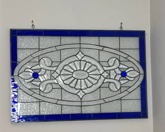 Stained Glass Panel with Blue Border and Floral Motif