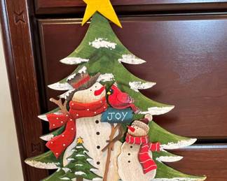 Wooden Christmas Tree with Snowmen and Cardinal Ornament B