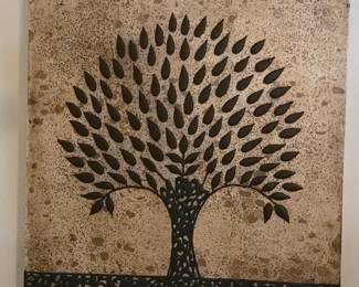 Metal Tree of Life Wall Art with Mottled Background and Perforated Border