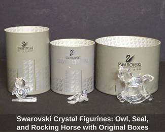 Swarovski Crystal Figurines Owl, Seal, and Rocking Horse with Original Boxes