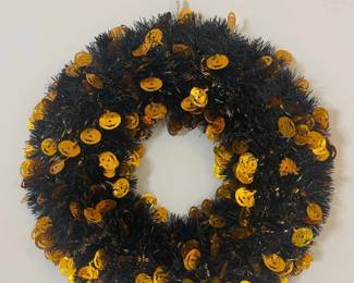 Halloween Tinsel Wreath with Pumpkin Sequins